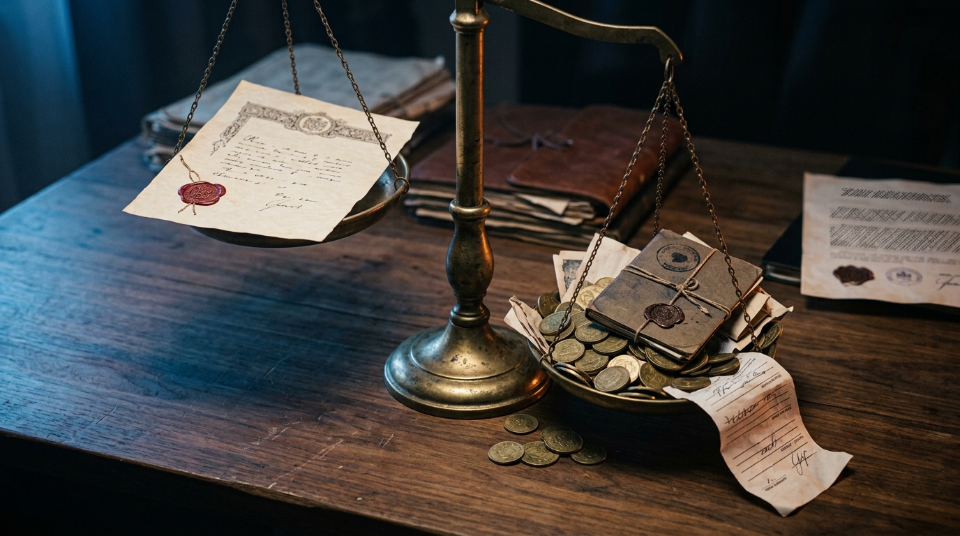 An old brass balance scale on a walnut desk, tipped heavily: one pan holds a single company register extract, the other overflows with coins and paper — the hidden cost of verifying a business counterparty.