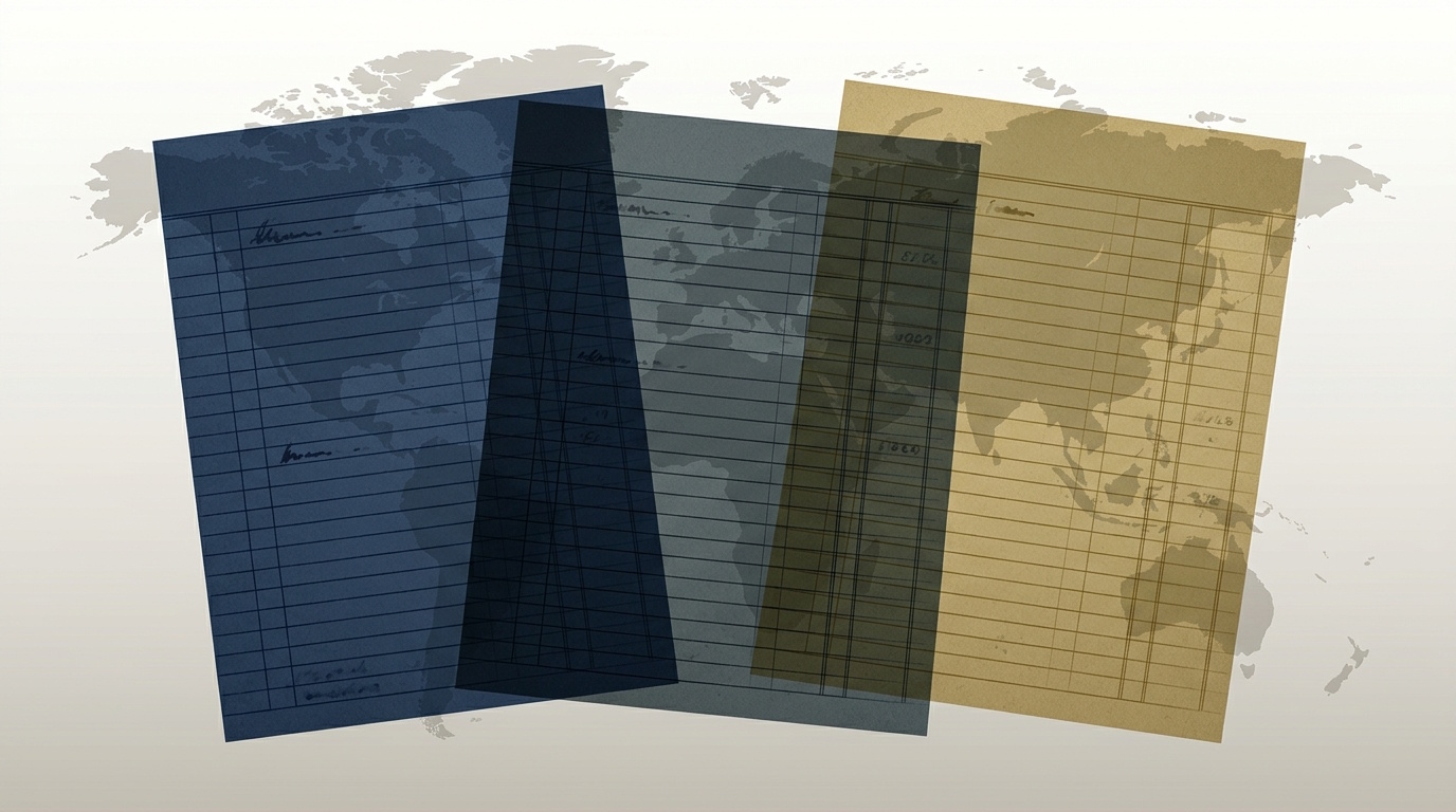 Three overlapping translucent ledger panels in muted navy, slate and dusty gold, layered over a faint outline of a world map, illustrating consolidation of business information into a small number of corporate platforms.