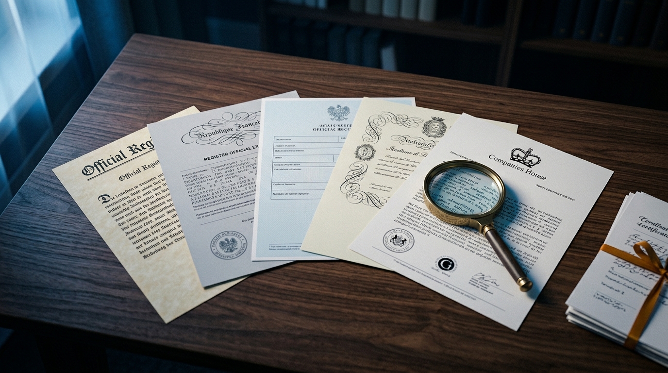Five official European register extracts fanned across a walnut desk, only one readable in English — illustrating that cost is solved but language is not in cross-border KYB.
