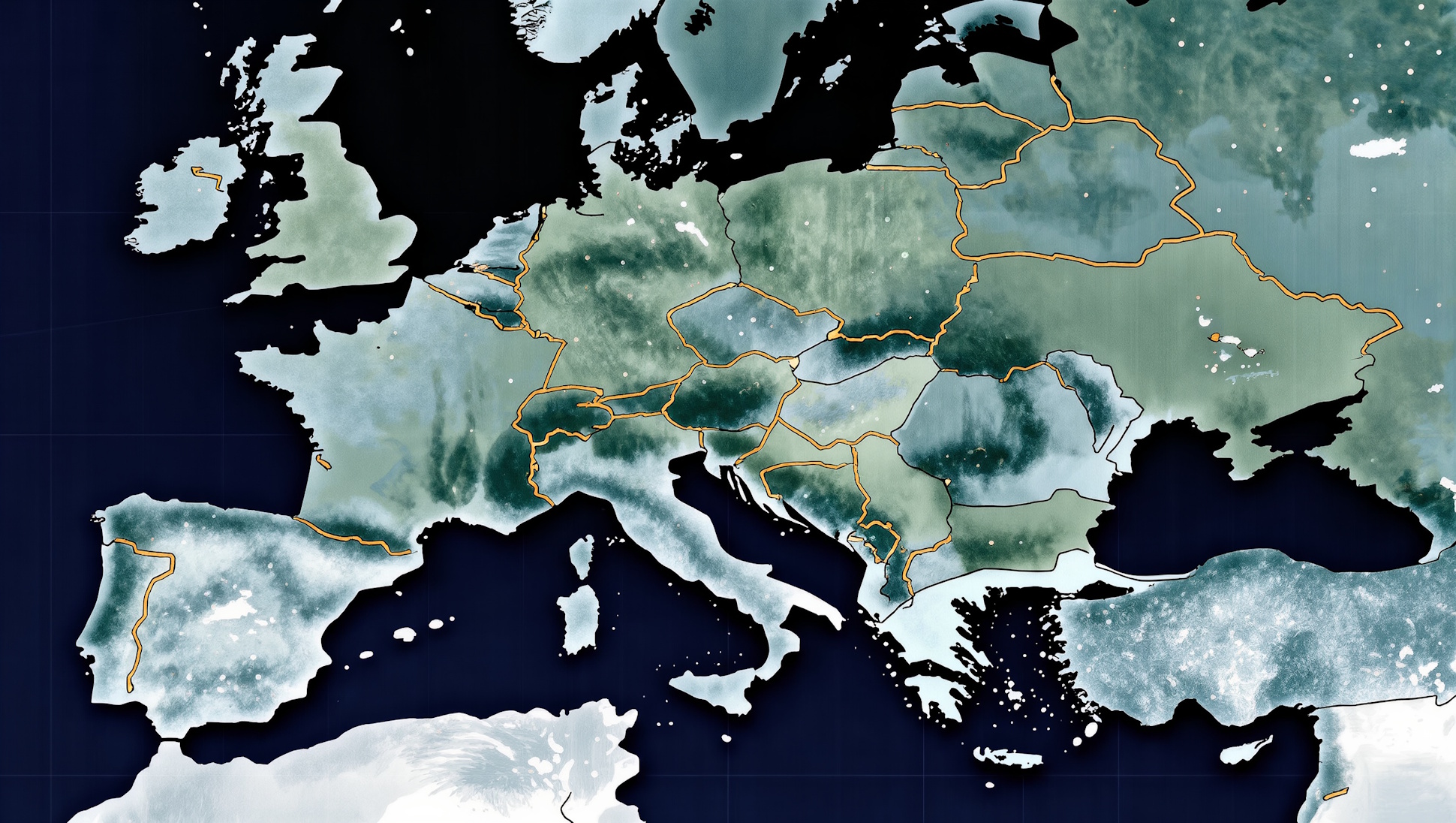 Abstract gradient map of Europe showing regional density variation across the continent, no labels or flags visible — visual metaphor for fragmentation of business identifier systems across EU member states.